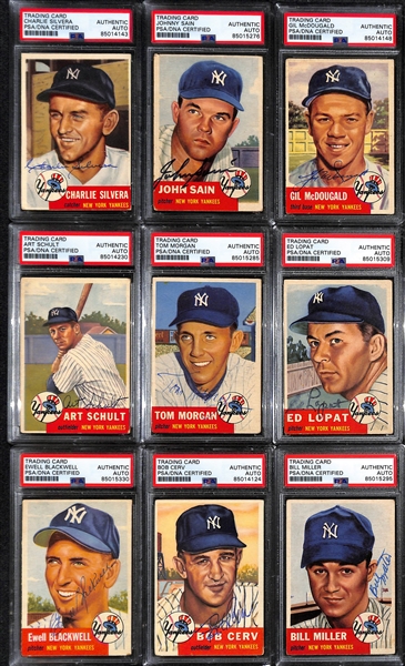 (9) 1953 Topps Signed Cards w. Charlie Silvera, Johnny Sain, Gil McDougald, Art Schult, Tom Morgan, Ed Lopat, Ewell Blackwell, Bob Cerv, and Bill Miller. (PSA/DNA Certified) 