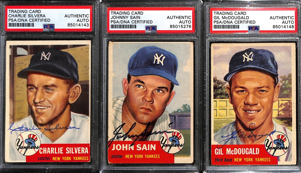 (9) 1953 Topps Signed Cards w. Charlie Silvera, Johnny Sain, Gil McDougald, Art Schult, Tom Morgan, Ed Lopat, Ewell Blackwell, Bob Cerv, and Bill Miller. (PSA/DNA Certified) 