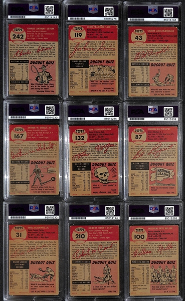 (9) 1953 Topps Signed Cards w. Charlie Silvera, Johnny Sain, Gil McDougald, Art Schult, Tom Morgan, Ed Lopat, Ewell Blackwell, Bob Cerv, and Bill Miller. (PSA/DNA Certified) 