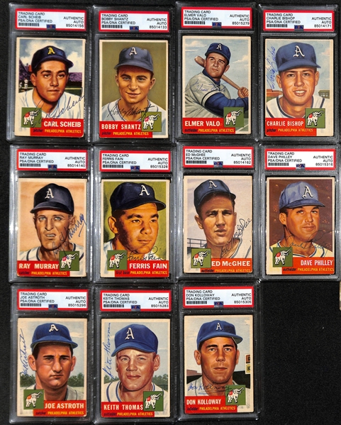 (11) 1953 Topps Signed Cards w. Carl Scheib, Bobby Shantz, Elmer Valo, Charlie Bishop, Ray Murray, Ferris Fan, Ed McGhee, Dave Philley, Joe Astroth, Keith Thomas, and Don Kolloway. (PSA/DNA Certified)