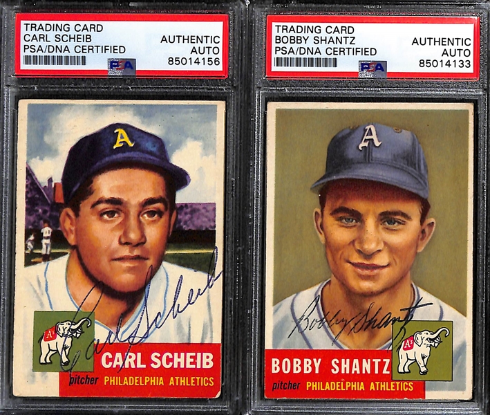 (11) 1953 Topps Signed Cards w. Carl Scheib, Bobby Shantz, Elmer Valo, Charlie Bishop, Ray Murray, Ferris Fan, Ed McGhee, Dave Philley, Joe Astroth, Keith Thomas, and Don Kolloway. (PSA/DNA Certified)