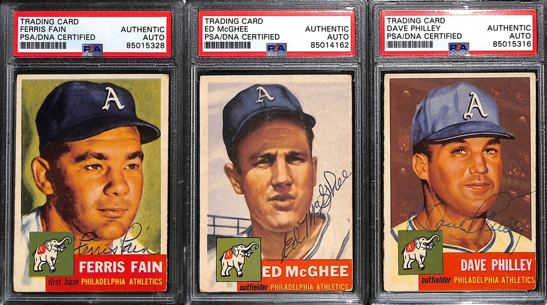 (11) 1953 Topps Signed Cards w. Carl Scheib, Bobby Shantz, Elmer Valo, Charlie Bishop, Ray Murray, Ferris Fan, Ed McGhee, Dave Philley, Joe Astroth, Keith Thomas, and Don Kolloway. (PSA/DNA Certified)