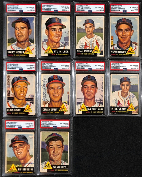 (10) 1953 Topps Signed Cards w. Solly Hemus, Stu Miller, Willard Schmidt, Vern Benson, Cloyd Boyer, Gerry Staley, Dick Bokelmann, Mike Clark, Rip Repulski, and Wilmer Mizell. (PSA/DNA Certified)