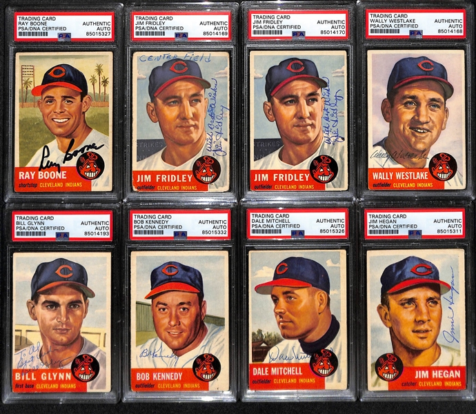 (8) 1953 Topps Signed Cards w. Ray Boone, (2) Jim Fridley, Wally Westlake, Bill Glynn, Bob Kennedy, Dale Mitchell, and Jim Hegan. (PSA/DNA Certified)