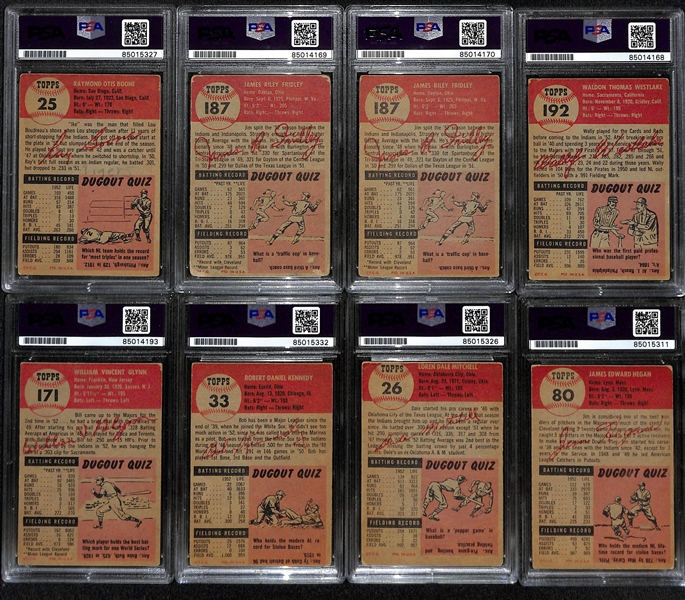 (8) 1953 Topps Signed Cards w. Ray Boone, (2) Jim Fridley, Wally Westlake, Bill Glynn, Bob Kennedy, Dale Mitchell, and Jim Hegan. (PSA/DNA Certified)