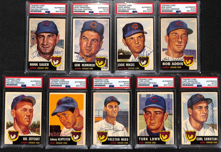 (9) 1953 Topps Signed Cards w. Hank Sauer, Gene Hermanski, Eddie Miksis, Bob Addis, Hal Jeffcoat, Johnny Klippstein, Preston Ward, Turk Lown, and Carl Sawatski. (PSA/DNA Certified)