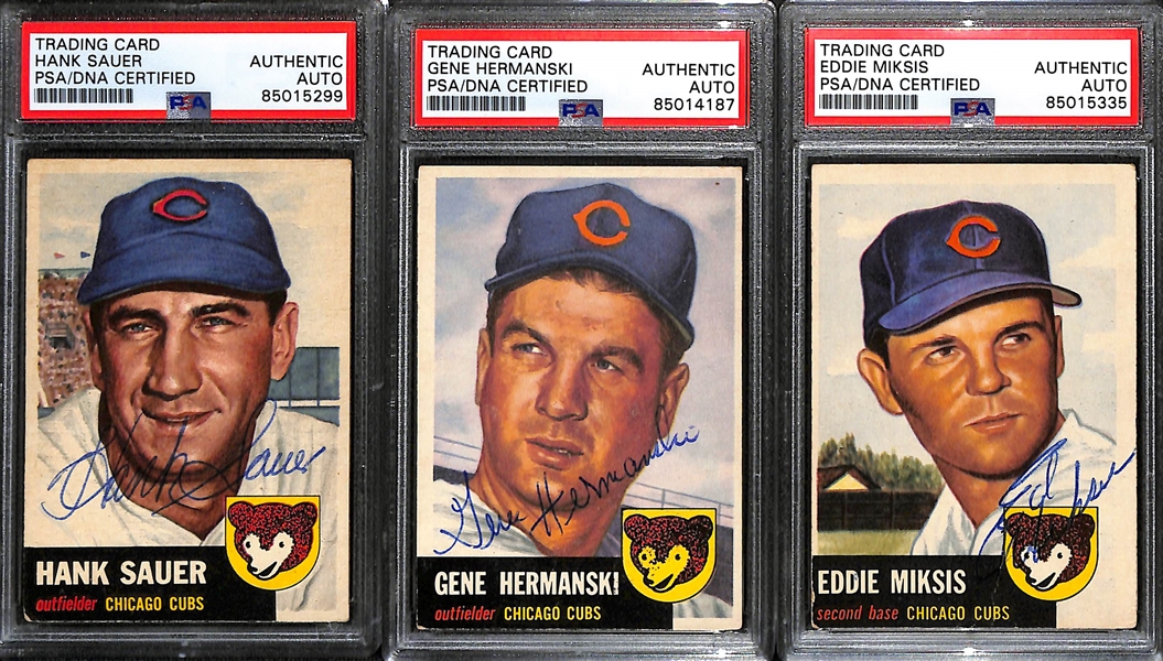 (9) 1953 Topps Signed Cards w. Hank Sauer, Gene Hermanski, Eddie Miksis, Bob Addis, Hal Jeffcoat, Johnny Klippstein, Preston Ward, Turk Lown, and Carl Sawatski. (PSA/DNA Certified)