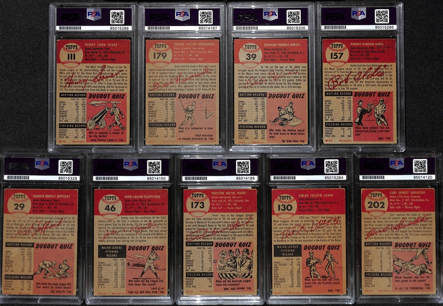 (9) 1953 Topps Signed Cards w. Hank Sauer, Gene Hermanski, Eddie Miksis, Bob Addis, Hal Jeffcoat, Johnny Klippstein, Preston Ward, Turk Lown, and Carl Sawatski. (PSA/DNA Certified)