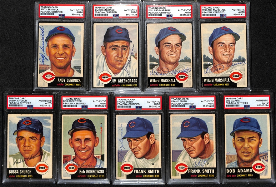 (9) 1953 Topps Signed Cards w. Andy Seminick, Jim Greengrass, (2) Willard Marshall, Bubba Church, Bob Borkowski, (2) Frank Smith, and Bob Adams (PSA/DNA Certified)