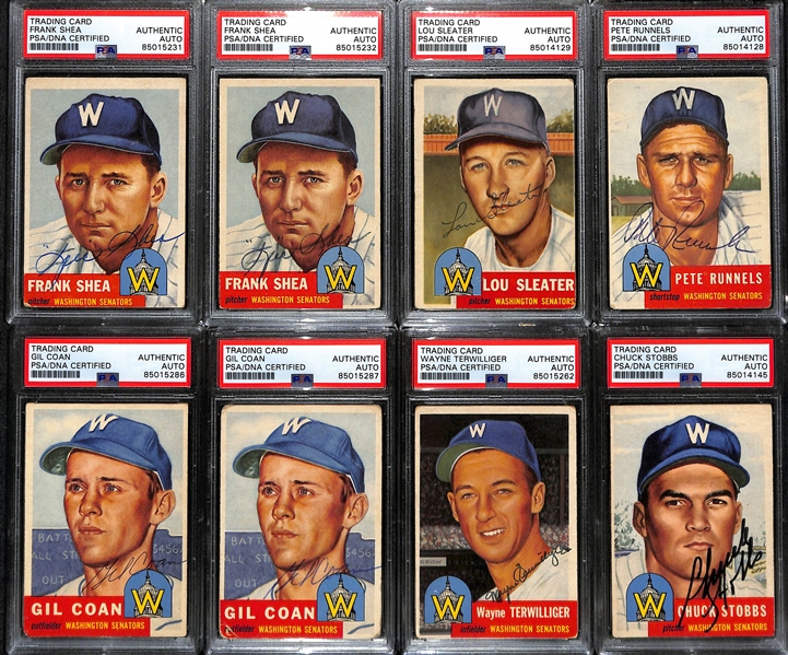 (8) 1953 Topps Signed Cards w. (2) Frank Shea, Lou Sleater, Pete Runnels, (2) Gil Coan, Wayne Terwilliger, and Chuck Stobbs. (PSA/DNA Certified)