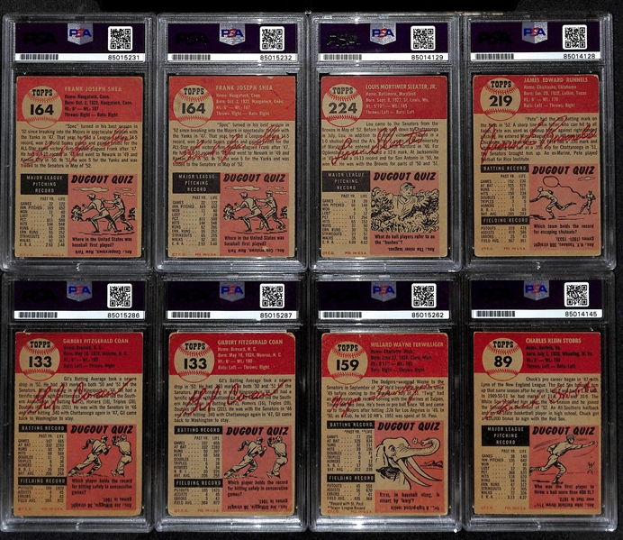 (8) 1953 Topps Signed Cards w. (2) Frank Shea, Lou Sleater, Pete Runnels, (2) Gil Coan, Wayne Terwilliger, and Chuck Stobbs. (PSA/DNA Certified)