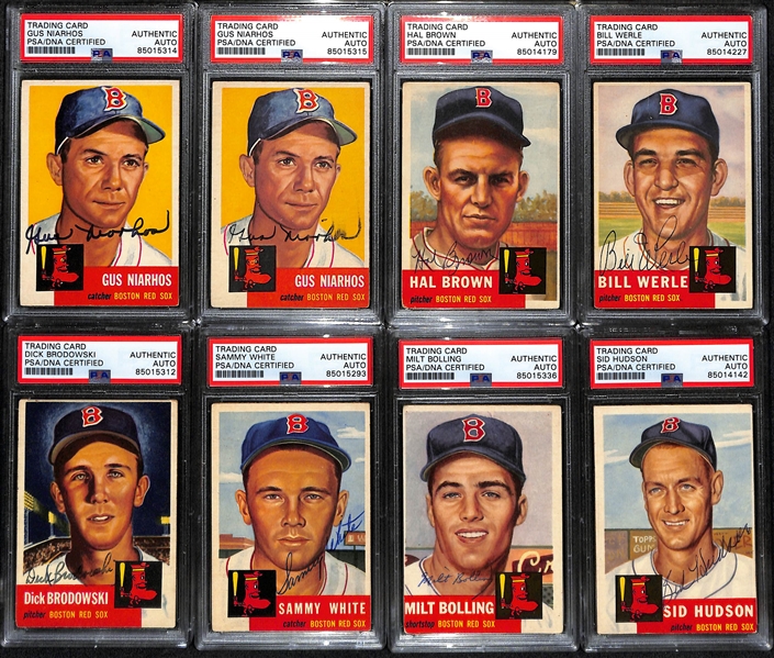 (8) 1953 Topps Signed Cards w. (2) Gus Niarhos, Hal Brown, Bill Werle, Dick Brodowski, Sammy White, Milt Bolling, and Sid Hudson. (PSA/DNA Certified)