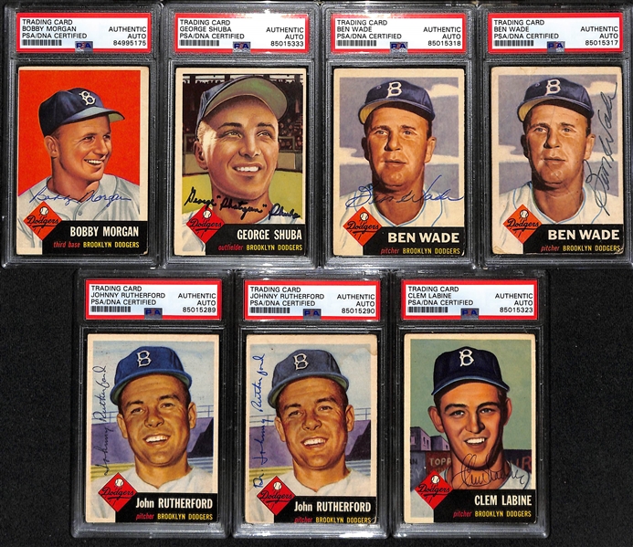 (7) 1953 Topps Signed Cards w. Bobby Morgan, George Shuba, (2) Ben Wade, (2) Johnny Rutherford, and Clem Labine. (PSA/DNA Certified) 