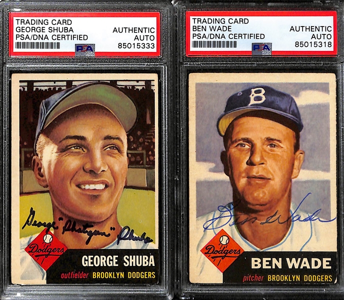 (7) 1953 Topps Signed Cards w. Bobby Morgan, George Shuba, (2) Ben Wade, (2) Johnny Rutherford, and Clem Labine. (PSA/DNA Certified) 