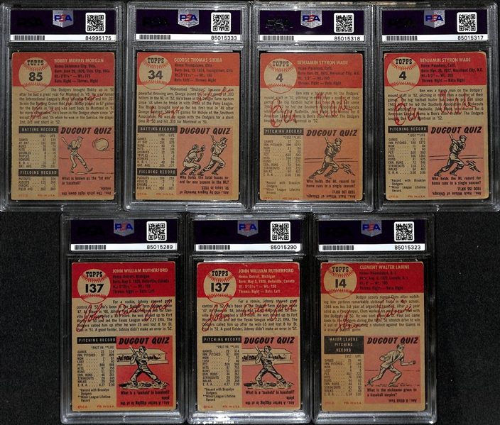 (7) 1953 Topps Signed Cards w. Bobby Morgan, George Shuba, (2) Ben Wade, (2) Johnny Rutherford, and Clem Labine. (PSA/DNA Certified) 