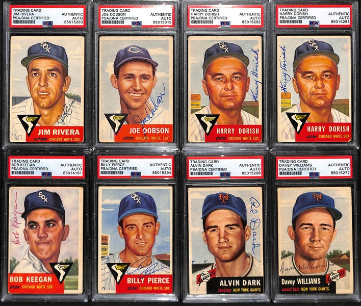 (8) 1953 Topps Signed Cards w. Jim Rivera, Joe Dobson, (2) Harry Dorish, Bob Keegan, Billy Pierce, Alvin Dark, and Davey Williams. (PSA/DNA Certified) 