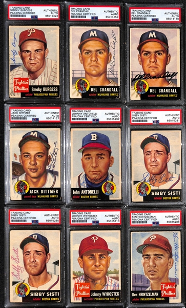 (9) 1953 Topps Signed Cards w. Smoky Burgess, (2) Del Crandall, Jack Dittmer, Johnny Antonellu, (2) Sibby Sisti, Johnny Wyrostek, and Ken Heintzelman. (PSA/DNA Certified)