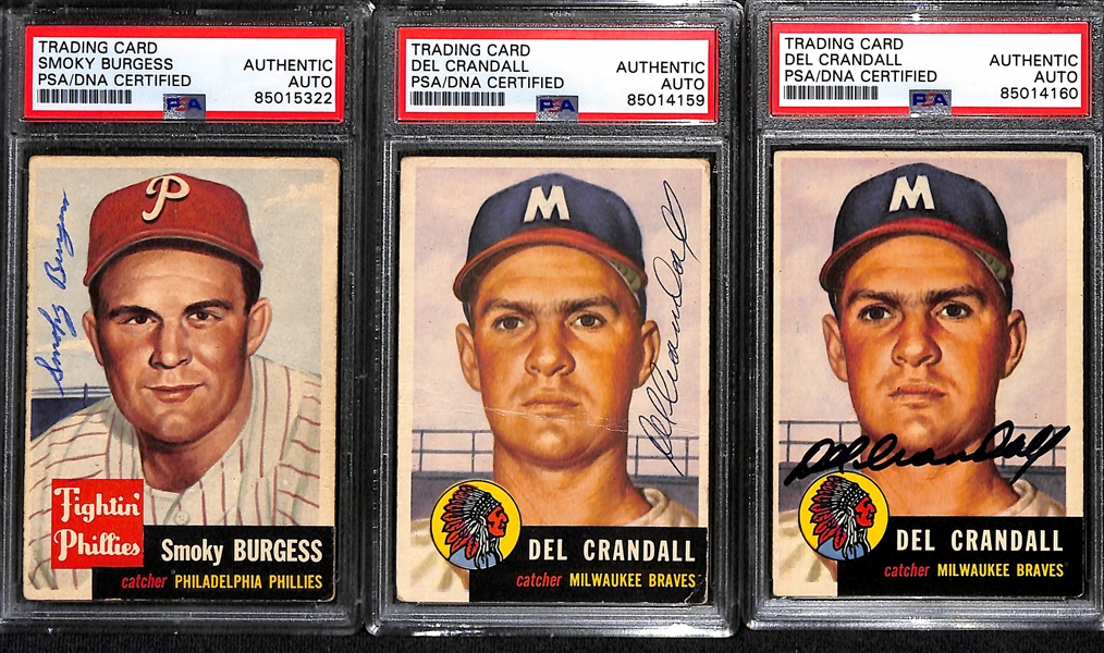 (9) 1953 Topps Signed Cards w. Smoky Burgess, (2) Del Crandall, Jack Dittmer, Johnny Antonellu, (2) Sibby Sisti, Johnny Wyrostek, and Ken Heintzelman. (PSA/DNA Certified)