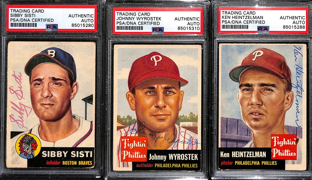 (9) 1953 Topps Signed Cards w. Smoky Burgess, (2) Del Crandall, Jack Dittmer, Johnny Antonellu, (2) Sibby Sisti, Johnny Wyrostek, and Ken Heintzelman. (PSA/DNA Certified)