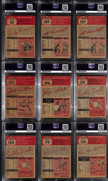 (9) 1953 Topps Signed Cards w. Smoky Burgess, (2) Del Crandall, Jack Dittmer, Johnny Antonellu, (2) Sibby Sisti, Johnny Wyrostek, and Ken Heintzelman. (PSA/DNA Certified)