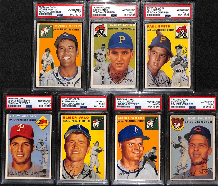 (7) 1954 Topps Signed Cards w. Morrie Martin, Jerry Lynch, Paul Smith, Mickey Micelotta, Elmer Valo, Leroy Wheat, and Bob Talbot. (PSA/DNA Certified)