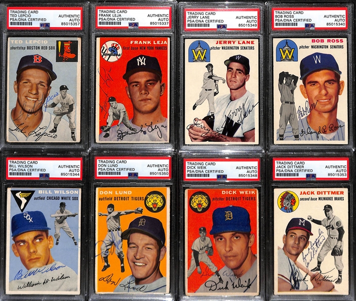 (8) 1954 Topps Signed Cards w. Ted Lepcio, Frank Leja, Jerry Lane, Bob Ross, Bill Wilson, Don Lund, Dick Weik, and Jack Dittmer. (PSA/DNA Certified)