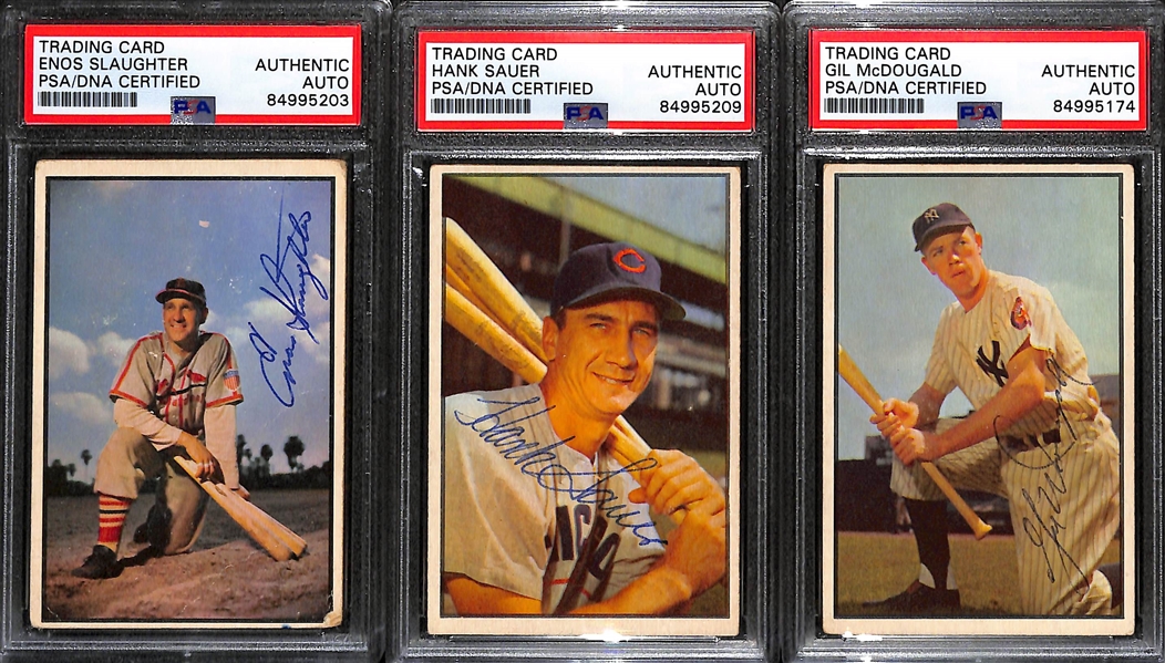 (3) 1953 Bowman Color Signed Cards w. Enos Slaughter, Hank Sauer, and Gil McDougald. (PSA/DNA Certified)