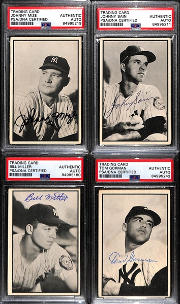 (4) 1954 Bowman Black & White Signed Cards w. Johnny Mize, Johnny Sain, Bill Miller, and Tom Gorman. (PSA/DNA Certified)