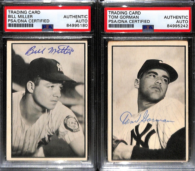 (4) 1954 Bowman Black & White Signed Cards w. Johnny Mize, Johnny Sain, Bill Miller, and Tom Gorman. (PSA/DNA Certified)