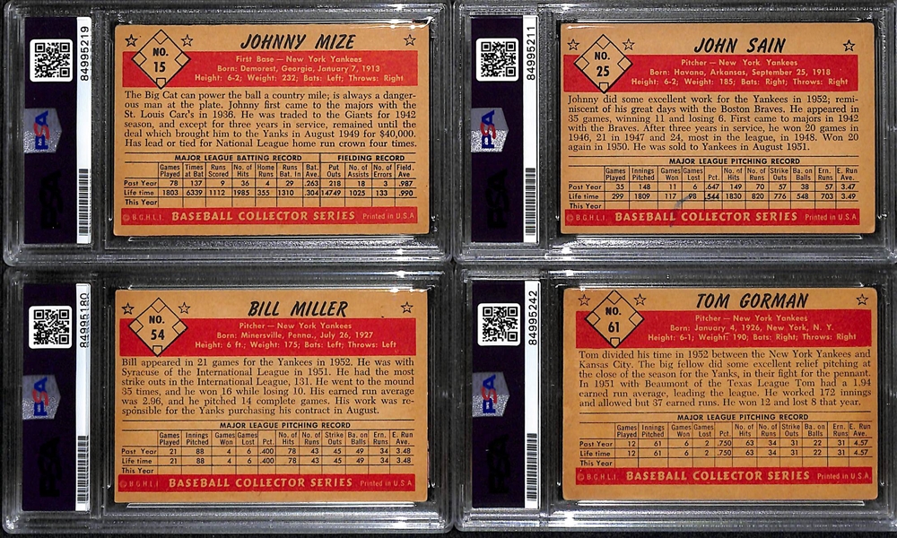 (4) 1954 Bowman Black & White Signed Cards w. Johnny Mize, Johnny Sain, Bill Miller, and Tom Gorman. (PSA/DNA Certified)