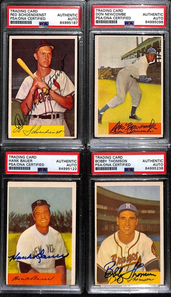 (4) 1954 Bowman Signed Cards w. Red Schoedienst, Don Newcombe, Hank Bauer, and Bobby Thomson. (PSA/DNA Certified)