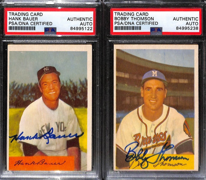 (4) 1954 Bowman Signed Cards w. Red Schoedienst, Don Newcombe, Hank Bauer, and Bobby Thomson. (PSA/DNA Certified)