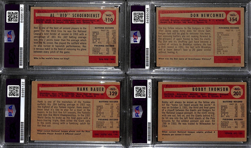 (4) 1954 Bowman Signed Cards w. Red Schoedienst, Don Newcombe, Hank Bauer, and Bobby Thomson. (PSA/DNA Certified)