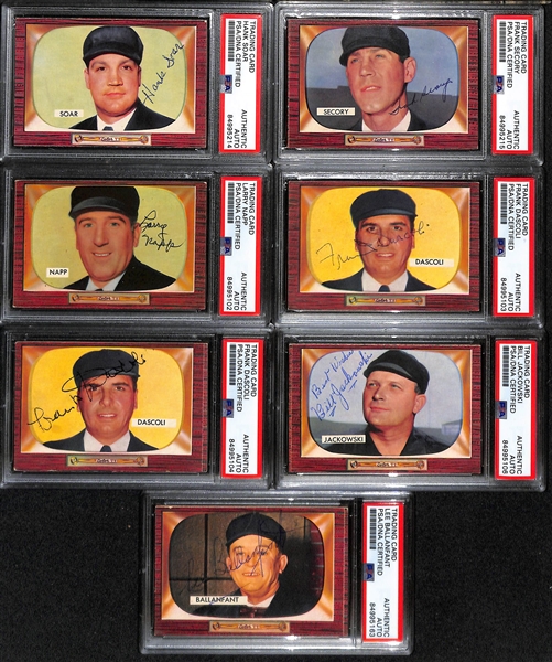 (7) 1955 Bowman Umpire Signed Cards w. Hank Soar, Frank Secory, Larry Napp, (2) Frank Dascoli, Bill Jackowski, and Lee Ballanfant. (PSA/DNA Certified)