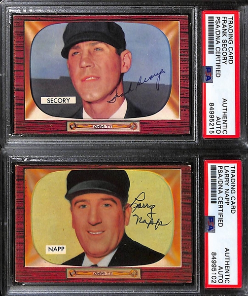 (7) 1955 Bowman Umpire Signed Cards w. Hank Soar, Frank Secory, Larry Napp, (2) Frank Dascoli, Bill Jackowski, and Lee Ballanfant. (PSA/DNA Certified)