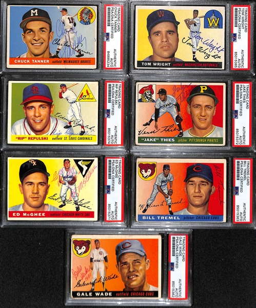 (7) 1955 Bowman Topps Signed Cards w. Chuck Tanner, Tom Wright, Rip Repulski, Jake Thies, Ed McGhee, Bill Tremel, and Gale Wade. (PSA/DNA Certfied)