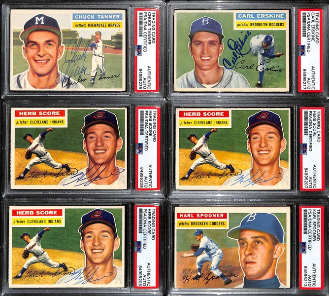 (6) 1956 Topps Signed Cards w. Chuck Tanner, Carl Erskine, (3) Herb Score, and Karl Spooner. (PSA/DNA Certified)