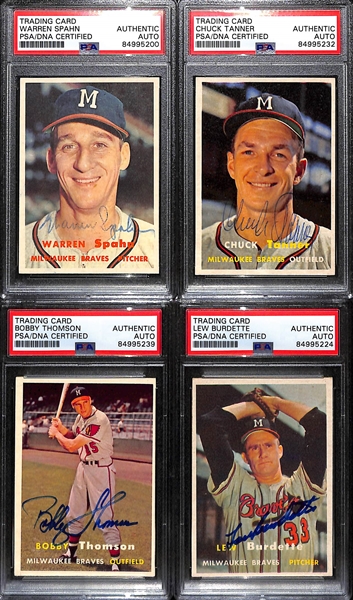 (4) 1957 Topps Signed Cards w. Warren Spahn, Chuck Tanner, Bobby Thomson, and Lew Burdette (PSA/DNA Certified)