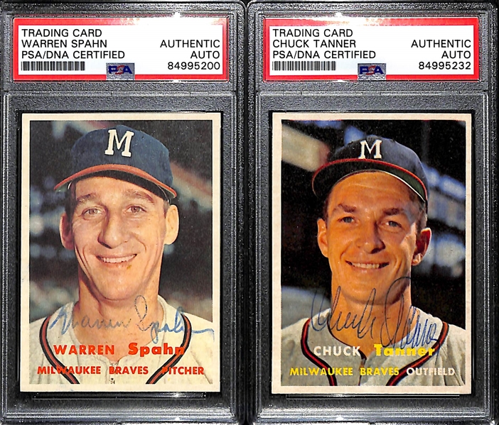 (4) 1957 Topps Signed Cards w. Warren Spahn, Chuck Tanner, Bobby Thomson, and Lew Burdette (PSA/DNA Certified)