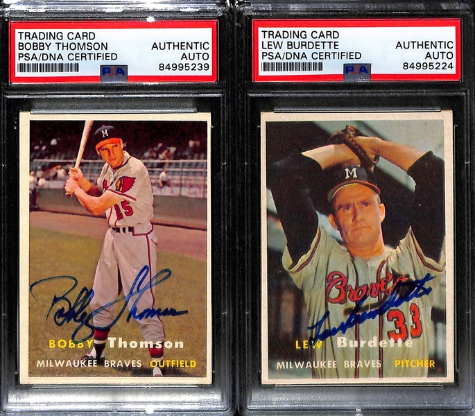 (4) 1957 Topps Signed Cards w. Warren Spahn, Chuck Tanner, Bobby Thomson, and Lew Burdette (PSA/DNA Certified)