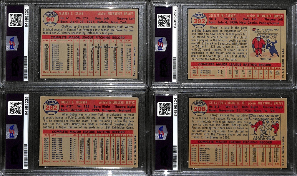 (4) 1957 Topps Signed Cards w. Warren Spahn, Chuck Tanner, Bobby Thomson, and Lew Burdette (PSA/DNA Certified)