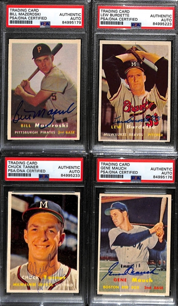 (4) 1957 Topps Signed Cards w. Bill Mazeroski, Lew Burdette, Chuck Tanner, and Gene Mauch. (PSA/DNA Certified)