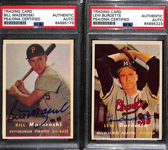 (4) 1957 Topps Signed Cards w. Bill Mazeroski, Lew Burdette, Chuck Tanner, and Gene Mauch. (PSA/DNA Certified)