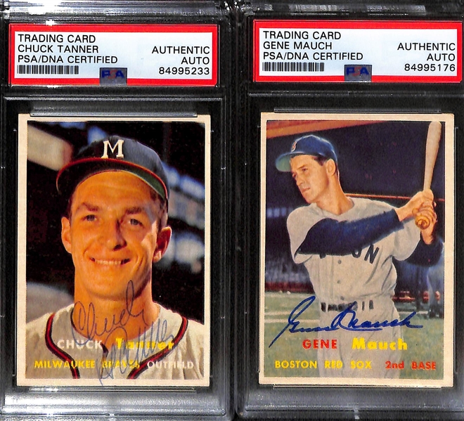 (4) 1957 Topps Signed Cards w. Bill Mazeroski, Lew Burdette, Chuck Tanner, and Gene Mauch. (PSA/DNA Certified)