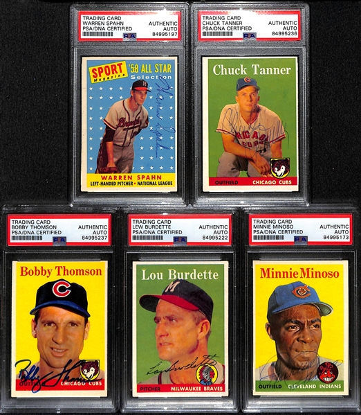 (5) 1958 Topps Signed Cards w. Warren Spahn, Chuck Tanner, Bobby Thomson, Lew Burdette, and Minnie Minoso. (PSA/DNA Certified)