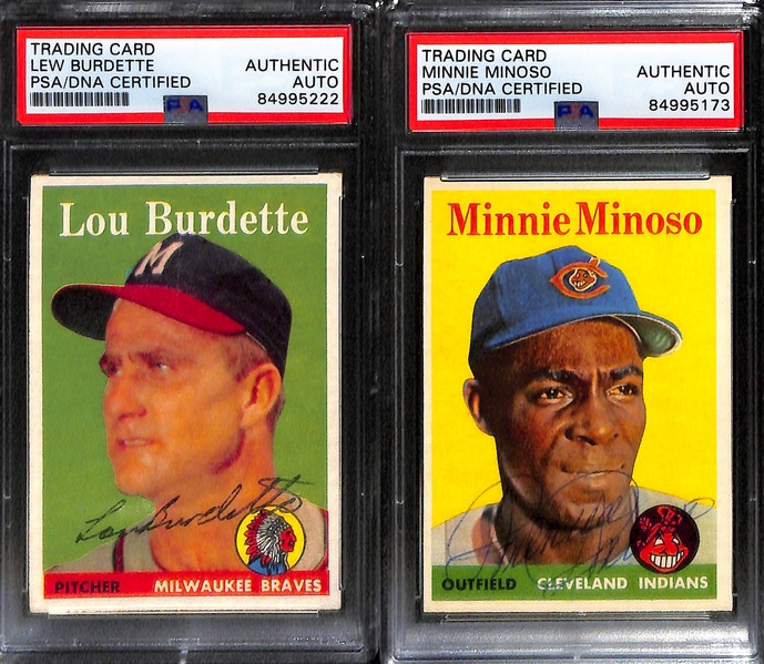 (5) 1958 Topps Signed Cards w. Warren Spahn, Chuck Tanner, Bobby Thomson, Lew Burdette, and Minnie Minoso. (PSA/DNA Certified)