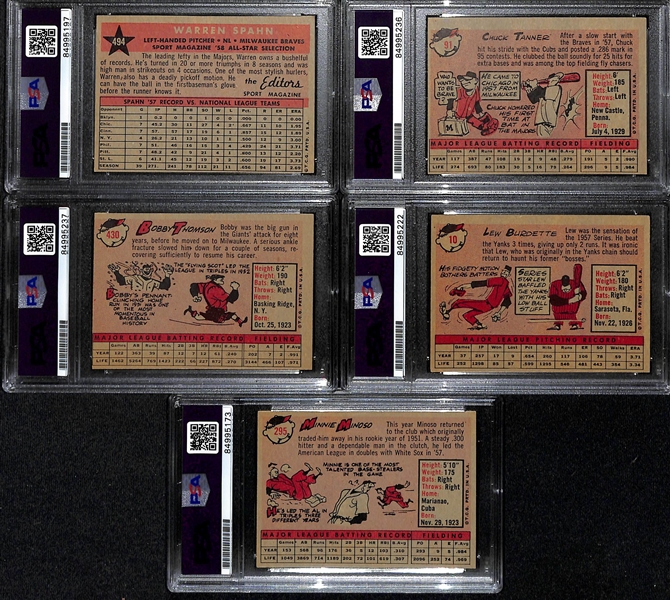 (5) 1958 Topps Signed Cards w. Warren Spahn, Chuck Tanner, Bobby Thomson, Lew Burdette, and Minnie Minoso. (PSA/DNA Certified)