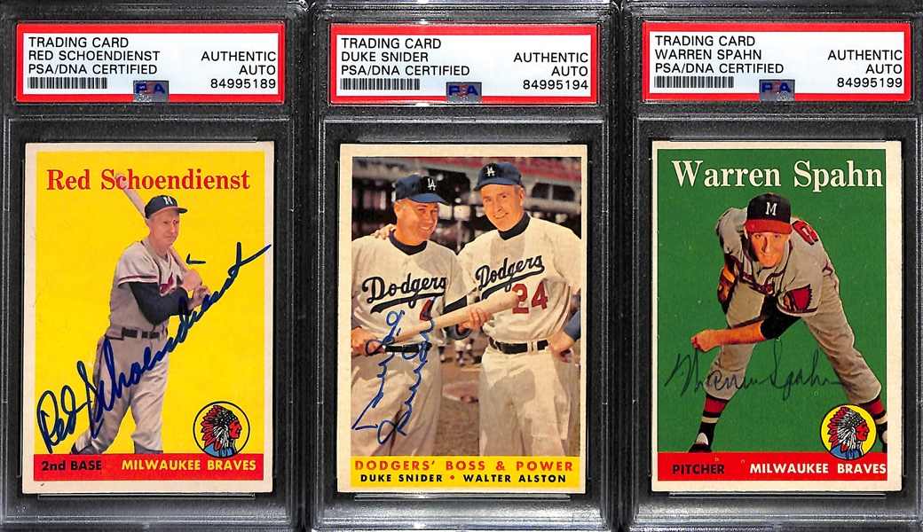 (3) 1958 Topps Signed Cards w. Red Schoendienst, Duke Snider, and Warren Spahn (PSA/DNA Certified)