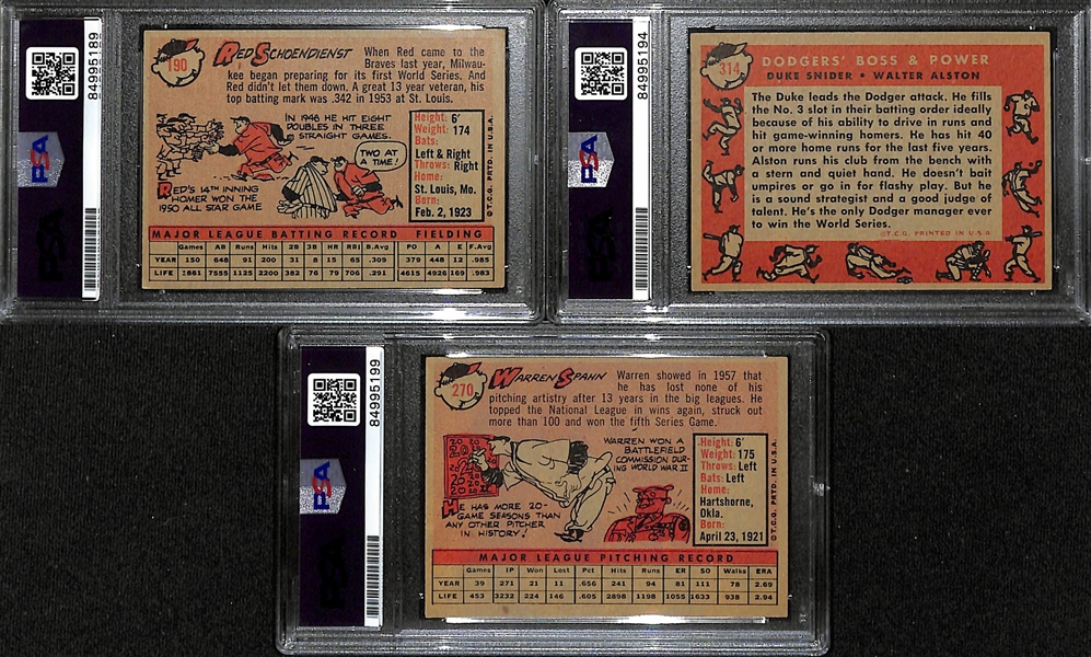 (3) 1958 Topps Signed Cards w. Red Schoendienst, Duke Snider, and Warren Spahn (PSA/DNA Certified)