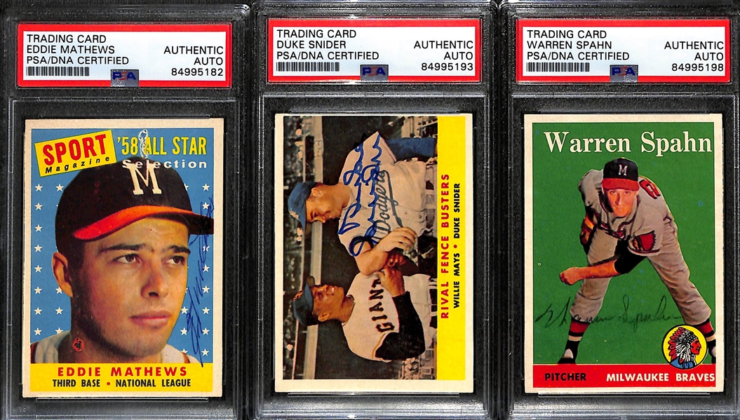 (3) 1958 Topps Signed Cards w. Eddie Mathews, Duke Snider, and Warren Spahn (PSA/DNA Certified)